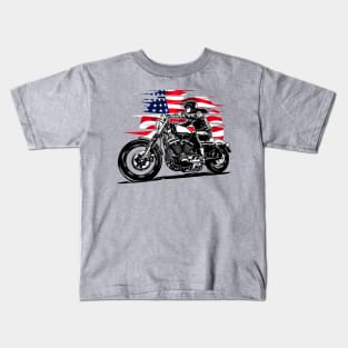 Woman biker on motorcycle with American flag Kids T-Shirt